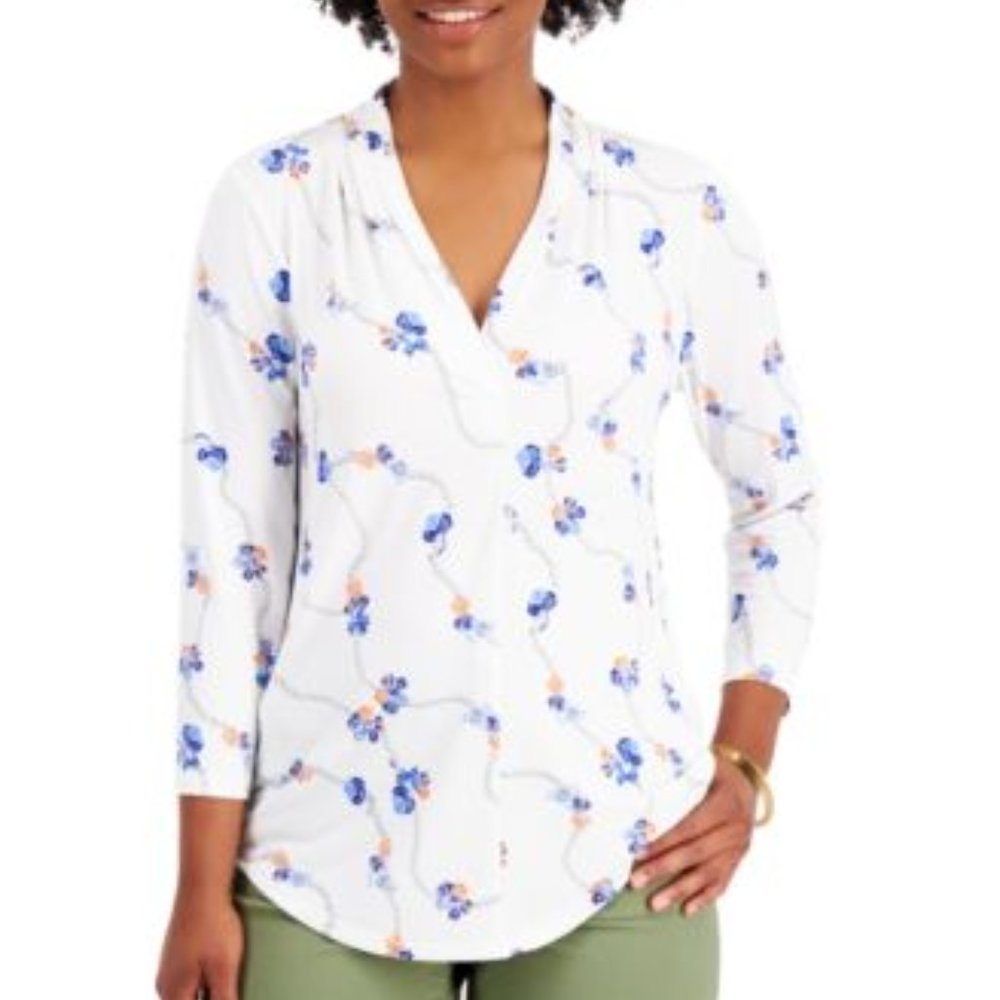 CHARTER CLUB BLUE FLORAL PATTERN & PEARL LNG SLV V-NECK BLOUSE NWT